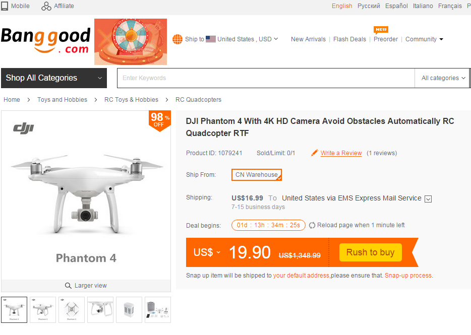 DJI Phantom 4 New Price - DJI Phantom 4 With 4K HD Camera RC Drone Rush to Buy Only $19.9
