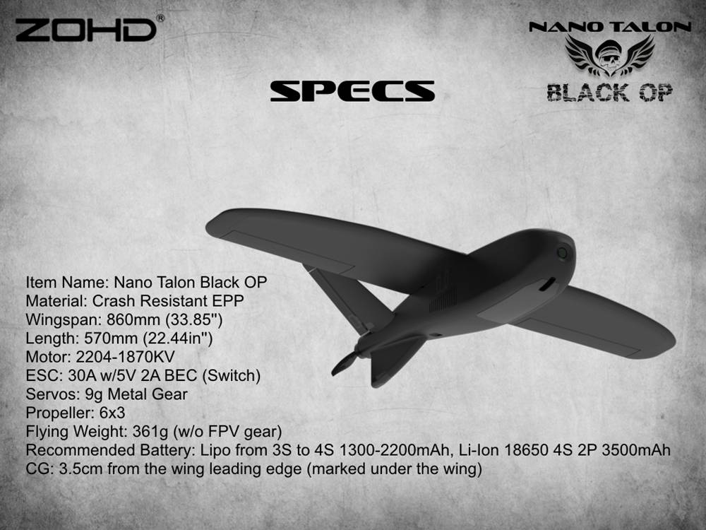 geekbuying ZOHD Nano Talon Black OP 860mm Wingspan FPV Wing RC Airplane PNP Black 815361 specs - ZOHD Nano Talon Wingspan AIO V-Tail FPV RC Airplane